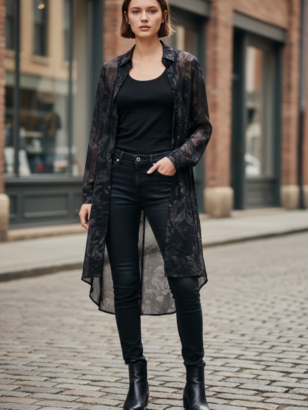 All Saints Sheer Floral Longline Duster - Black